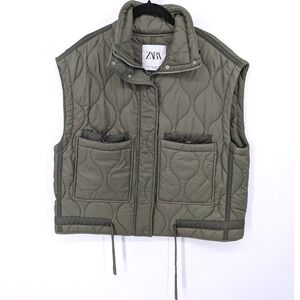 Zara Quilted Vest Womens XS Olive Green Padded Gorpcore Utility Pockets Layer